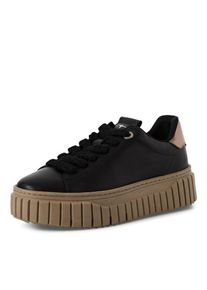 Plateausneaker Tamaris, Damen, Gr. 38, schwarz (schwarz kombiniert), Rindsleder, leicht gl&auml;nzend, unifarben mit Farbeinsatz, Schuhe Plateausneaker, Freizeitschuh, Halbschuh, Schn&uuml;rschuh mit Eye-Catcher Plateau