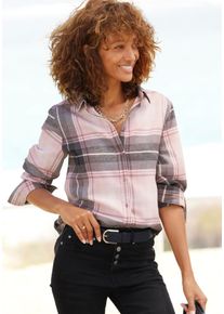 Hemdbluse Buffalo, Damen, Gr. 46, rosa (rosa, schwarz kariert), Flanell, Obermaterial: 100% Baumwolle, kariert, figurumspielend h&uuml;ftlang, ohne Ausschnitt, mit Riegel 1-Knopf-Manschette, Blusen Hemdbluse, aus weichem Flanell mit Blusenkragen, Flanellhemd, Karobluse