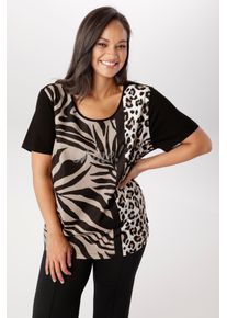 T-Shirt ANISTON PLUS, Damen, Gr. 54, braun (schwarz, beige, wei&szlig;), Cr&ecirc;pe, Obermaterial R&uuml;ckenteil: 95% Viskose, 5% Elasthan. Obermaterial Vorderteil: 95% Polyester, 5% Elasthan, l&auml;ssig geschnitten Po-bedeckend, Rundhals, Shirts T-Shirt, in trendigem Animaldessin - NEUE KOLLEKTION