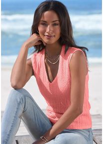 Kurzarmshirt Lascana "aus modischer Strukturware mit V-Ausschnitt", Damen, Gr. 32/34, pfirsich, Cr&ecirc;pe, Obermaterial: 99% Polyester, 1% Elasthan, unifarben, figurbetont h&uuml;ftlang, V-Ausschnitt, Shirts Kurzarmshirt, b&uuml;gelfreies Shirt, Sommershirt, figurbetontes T-Shirt, V-Shirt, Topseller