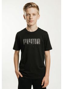 T-Shirt Puma "ESS LOGO LAB STORY 2 TEE B", Jungen, Gr. 176, schwarz (Puma schwarz), Jersey, Obermaterial: 100% Baumwolle, bedruckt, regular fit normal, Rundhals, Shirts T-Shirt, Regular Fit, Kurzarm, Rundhalsausschnitt, f&uuml;r Jugendliche