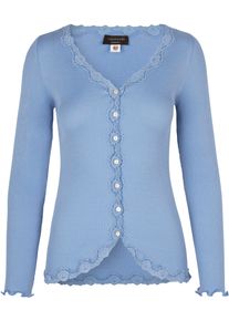 Strickjacke rosemunde "Babette Silk Cardigan mit Seide", Damen, Gr. S, blau (blau heaven), Feinripp, Obermaterial: 70% Seide, 30% Baumwolle, h&uuml;ftlang, V-Ausschnitt, gewellter Abschluss, Strickjacken Strickjacke, Vintage-Spitzenbesatz, Perlmuttknopfleiste, Langarm, Seidenmix