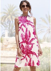 Druckkleid Lascana "mit sommerlichem Allover-Print aus Webware", Damen, Gr. 34, N-Gr, creme, pink bedruckt, Web, Obermaterial: 100% Viskose, bedruckt, figurumspielend knieumspielend, Rundhals, Kleider Druckkleid, modisches Sommerkleid, lockere Strandkleid, Kleid in lockerer Form, Topseller