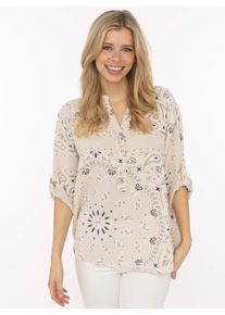 Kurzarmbluse Zwillingsherz "Paisley Dreams", Damen, beige, Web, Obermaterial: 100% Baumwolle, gemustert, mehrfarbig, Po-bedeckend, Krempel&auml;rmel krempelbar, Blusen Kurzarmbluse, Musselin, Paisley Muster, umgeschlagene &Auml;rmel, V-Neck mit Knopfleiste