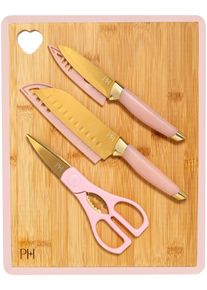 Schneidebrett Paris Hilton "Paris Hilton, K&uuml;chenhelfer-Set, 6-teilig", gold (braun, pink, goldfarben), B:35,5cm H:2cm L:28cm, Bambus, Schneidebretter, Schneidebrett, Schneidbrett-Set, Messer-Set, Bambusbrett mit Herz-Design
