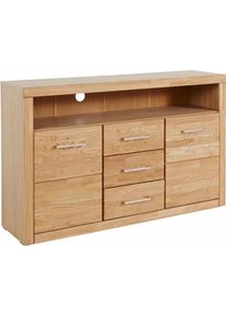 Sideboard OTTO HOME "Ribe,130cm breit,80cm hoch,Oberplatte Holz massiv,6 F&auml;cher", braun (eiche teilmassiv), B:130cm H:80cm T:35cm, Sideboards, Sideboard, Holz massiv, Holzwerkstoff, Metall Griffe,2 T&uuml;ren,3 Schubladen