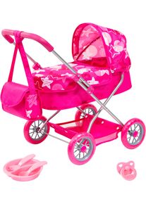 Puppenwagen BAYER "Smarty pink", pink (pink sterne), Puppenwagen, KinderB:37,5cm H:57cm T:58cm, Puppenwagen, mit Umh&auml;ngetasche, Teller, Gabel, L&ouml;ffel und Schnuller, B:37,5cm H:57cm T:58cm