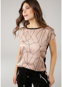 Shirtbluse Laura Scott "im Materialmix mit Satin, verschiedene Muster f&uuml;r jeden Geschmack", Damen, Gr. 44, braun (schwarz, beige, gemustert), Single Jersey, Obermaterial: 100% Polyester. R&uuml;ckenteil: 95% Viskose, 5% Elasthan, gemustert, gestreift, bequem h&uuml;ftbedeckend, Rundhals, angeschnitten, Blusen Shirtbluse, femininer Stil, Rundhalsausschnitt, lockere Passform, Topseller