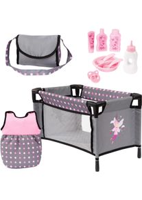 Puppenbett BAYER "Puppen-Reisebett-Set Fee", rosa (grau mit fee), Puppenm&ouml;bel, KinderB:26,5cm H:28,5cm T:43,5cm, Puppenbett, Schlafsack, Tasche, Teller, Flaschen, Besteck, Fl&auml;schchen u. Schnuller, B:26,5cm H:28,5cm T:43,5cm