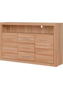 Sideboard OTTO HOME "Ribe,130cm breit,80cm hoch,Oberplatte Holz massiv,6 F&auml;cher", beige (kernbuche teilmassiv), B:130cm H:80cm T:35cm, Sideboards, Sideboard, Holz massiv, Holzwerkstoff, Metall Griffe,2 T&uuml;ren,3 Schubladen