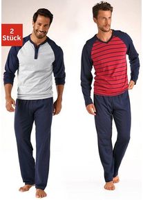 Pyjama Le Jogger, Herren, Gr. 60/62, rot (grau, meliert, rot), Jersey, Obermaterial: 100% Baumwolle, gestreift, Basic, bequem lang, Rundhals, abgesteppte Kante, Homewear-Sets Pyjama, in langer Form, mit Raglan&auml;rmeln