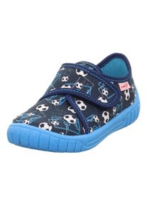 Hausschuh Superfit "BILL, WMS: mittel", M&auml;dchen, Gr. 33, dunkelblau kombiniert fu&szlig;ball, Baumwolle, bedruckt, Schuhe Hausschuh, Kindergartenschuh mit Motivdruck, Gr&ouml;&szlig;enschablone zum Download