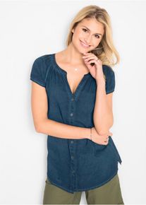Kurzarmbluse bonprix, Damen, Gr. 44, blau (dunkelblau), Obermaterial: 100% Baumwolle, gerade, Blusen Kurzarmbluse, gerade Passform, A-f&ouml;rmiger Schnitt, aus reiner Baumwolle