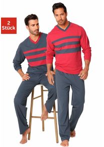 Pyjama Le Jogger "Schlafanzug f&uuml;r Herren", Herren, Gr. 60/62 (XXL), bunt (rot, grau), Jersey, Obermaterial: 100% Baumwolle, unifarben mit Farbeins&auml;tzen, Basic, bequem lang, V-Ausschnitt, abgesteppte Kante, Homewear-Sets Pyjama, aus 100% Baumwolle