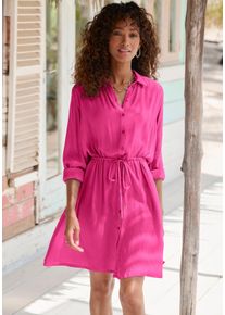 Strandkleid Lascana "in leichter Crepe-Qualit&auml;t mit variablem Tunnelzug in der Taille", Damen, Gr. 46, N-Gr, pink, Cr&ecirc;pe, Obermaterial: 100% Viskose, unifarben, figurumspielend kniefrei, ohne Ausschnitt, 1-Knopf-Manschette, Kleider Strandkleid, kurzes Hemdblusenkleid, Sommerkleid, Longbluse mit langen &Auml;rmeln, Topseller