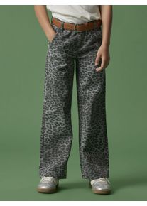 Bootcuthose name it "NKFROSE WIDE TWI PANTS 4444-TD NOOS", Damen, Gr. 146, N-Gr, grau (night owl aop:grau leopard), Web, Obermaterial: 100% Baumwolle, bedruckt, normal normal, Hosen Bootcuthose