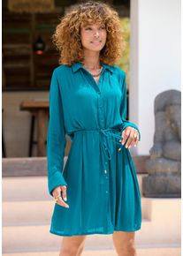 Strandkleid Lascana "in leichter Crepe-Qualit&auml;t mit variablem Tunnelzug in der Taille", Damen, Gr. 38, N-Gr, petrol, Cr&ecirc;pe, Obermaterial: 100% Viskose, unifarben, figurumspielend kniefrei, ohne Ausschnitt, 1-Knopf-Manschette, Kleider Strandkleid, kurzes Hemdblusenkleid, Sommerkleid, Longbluse mit langen &Auml;rmeln, Topseller
