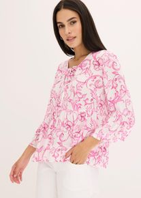 Tunika bonprix, Damen, Gr. 46, pink (wei&szlig;, pink floral), Obermaterial: 100% Viskose, figurumspielend, Tuniken Tunika, figurumspielende Passform, mit 3/4-&Auml;rmeln, mit Bindedetails
