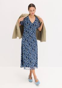 Midikleid bonprix, Damen, Gr. 52/54 (XXL), K-Gr, blau gebl&uuml;mt (l&auml;nge: kurz), Obermaterial: 96% Polyester, 4% Elasthan. Futter: 100% Polyester, regular fit, Kleider Midikleid, feminines Mesh-Midikleid, mit vorderer Raffung, regular fit Passform