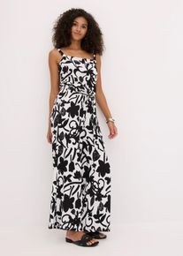 Jumpsuit bonprix, Damen, Gr. 40/42 (M), N-Gr, schwarz-wei&szlig; (wollwei&szlig;, schwarz floral), Obermaterial: 98% Polyester, 2% Elasthan, loose fit, Overalls Jumpsuit, mit floralem Druck, ohne &Auml;rmel, Loose Fit, aus Polyester und Elasthan