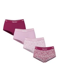 Hipster Pieces "PCLOGO LADY 4 PACK AOP/SOLID NOOS BC", Damen, Gr. XS, 4 Stk., raspberry radiance pack:4 rasperberry radiance w flower aop, roseate spoonbill w flower aop, roseate spoonbill, Jersey, Obermaterial: 95% Baumwolle, 5% Elasthan, bedruckt, unifarben mit Farbeinsatz, figurbetont, Unterhosen Hipster, Baumwollmischung