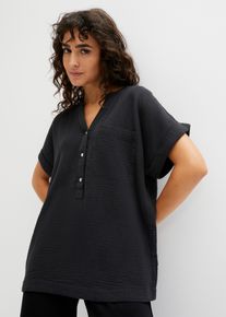 Kurzarmbluse bonprix, Damen, Gr. 52, schwarz, Obermaterial: 100% Baumwolle, loose fit, Blusen Kurzarmbluse, aus Baumwolle, loose fit Passform, mit aufgesetzter Tasche