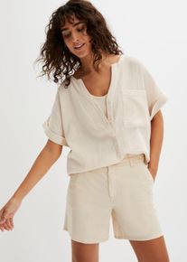 Kurzarmbluse bonprix, Damen, Gr. 48, beige (kieselbeige), Obermaterial: 100% Baumwolle, loose fit, Blusen Kurzarmbluse, aus Baumwolle, loose fit Passform, mit aufgesetzter Tasche