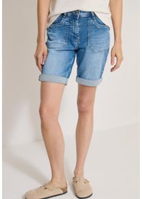 Jeansshorts Cecil "Style Tracey", Damen, Gr. 27, N-Gr, blau (mid blau wash), Web, Obermaterial: 86% Baumwolle, 12% Polyester, 2% Elasthan. Futter: 52% Polyester, 48% Baumwolle, ca. Mitte Oberschenkel, Jeans Jeansshorts, mit Aufschlag, aufgesetzte Taschen, schmales Bein, Topseller