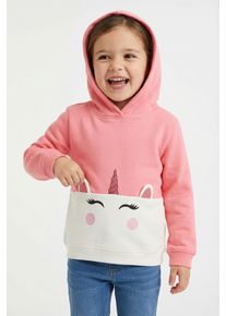 Kapuzensweatshirt Blue Seven, M&auml;dchen, Gr. 122, pink (lachs), Sweatware, Obermaterial: 100% Baumwolle, unifarben mit Farbeinsatz, regular fit normal, Rundhals, Rippb&uuml;ndchen, Sweatshirts Kapuzensweatshirt, mit s&uuml;&szlig;em Einhorn-Motiv mit bewegter Applikation