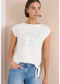 Kurzarmshirt Cecil, Damen, Gr. XS (36), wei&szlig; (vanillewei&szlig;), Jersey, Obermaterial: 47% Baumwolle, 47% Modal, 6% Elasthan, bedruckt, normal h&uuml;ftbedeckend, Rundhals, abgesteppte Kante, Shirts Kurzarmshirt, Sommershirt mit Knotendetail