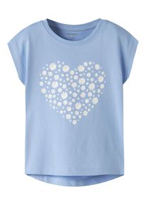 T-Shirt name it "NMFVIGEA CAPSL TOP", M&auml;dchen, Gr. 110, serenity print:flower heart, Jersey, Obermaterial: 100% Baumwolle, bedruckt, normal normal, Rundhals, angeschnitten, Shirts T-Shirt, Baumwolle, regular fit