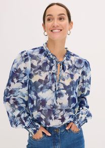 Chiffonbluse bonprix, Damen, Gr. 42, blau floral, Obermaterial: 100% Polyester, figurumspielend, Blusen Chiffonbluse, mit floralem Print, figurumspielende Passform, ohne Kragen