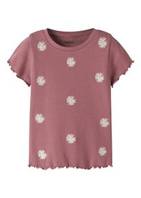 T-Shirt name it "NMFJOLEMO SS SLIM TOP BOX", M&auml;dchen, Gr. 98, rosa (mesa rose), Jersey, Obermaterial: 95% Baumwolle, 5% Elasthan, bestickt, slim fit normal, Rundhals, gewellter Abschluss, Shirts T-Shirt, Baumwollmischung, slim fit