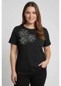 Rundhalsshirt Only CARMAKOMA "CARTIMON LIFE S/S O-NECK REG FIT TEE JRS", Damen, Gr. M, schwarz detail:flower, Jersey, Obermaterial: 100% Baumwolle, bedruckt, regular fit, Rundhals, Shirts Rundhalsshirt