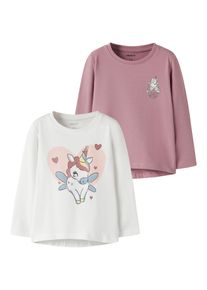 T-Shirt name it "NMFVIX 2P LS TOP", M&auml;dchen, Gr. 98, hellwei&szlig; pack:lilas unicorn, Jersey, Obermaterial: 95% Baumwolle, 5% Elasthan, bedruckt, regular fit normal, Rundhals, Shirts T-Shirt, Baumwollmischung, Druck