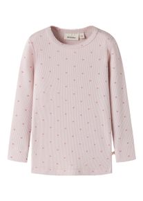 Langarmshirt LIL' ATELIER "NMFGAGO LS SLIM TOP LIL NOOS", M&auml;dchen, Gr. 116, hushed violet aop:heart, Jersey, Obermaterial: 57% Baumwolle, 38% Lyocell, 5% Elasthan, bedruckt, slim fit normal, Rundhals, Shirts Langarmshirt, weiche Jersey Rippqualit&auml;t
