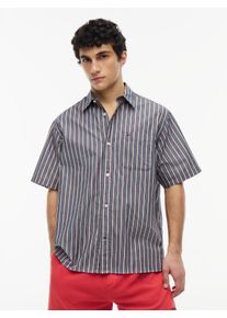Kurzarmhemd Tommy Jeans "POPLIN STRIPE SHIRT", Herren, Gr. XL (54/56), N-Gr, schwarz night navy stripe, Web, Obermaterial: 100% Baumwolle, gestreift, relaxed fit normal, Rundhals, eingesetzt abgesteppte Kante, Hemden Kurzarmhemd, Relaxed fit mit Brusttasche