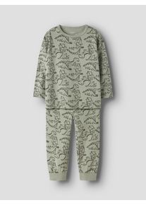 Schlafanzug name it "NMMNIGHTSET 2P AOP NOOS", Jungen, Gr. 98/104, gr&uuml;n (seagrass print:dino), Jersey, Obermaterial: 95% Baumwolle, 5% Elasthan, bedruckt, geringelt, gestreift, unifarben, Basic lang, Rundhals, Homewear-Sets Schlafanzug