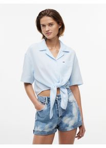 Kurzarmbluse Tommy Jeans "TJW TEXTURED TIE FRONT SS SHIRT", Damen, Gr. XL (46), blau (kingly blau), Web, Obermaterial: 100% Baumwolle, unifarben, taillenlang, V-Ausschnitt, Blusen Kurzarmbluse, Baumwolle, Brusttasche, Saum zum Knoten
