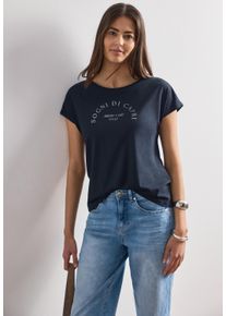 Shirttop Street One, Damen, Gr. 46, blau (tiefblau), Jersey, Obermaterial: 50% Baumwolle, 50% Modal, Glitzermuster, bedruckt, normal h&uuml;ftbedeckend, Rundhals, abgesteppte Kante, Tops Shirttop, Sommershirt mit Wording Artwork, Topseller
