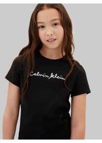 T-Shirt Calvin Klein Jeans, M&auml;dchen, Gr. 14 (164), pvh schwarz, Single Jersey, Obermaterial: 100% Baumwolle, unifarben, slim fit normal, Rundhals, abgesteppte Kante, Shirts T-Shirt, Rundhalsausschnitt, Slim Fit, reine Baumwolle