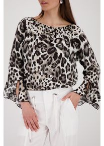 Langarmbluse monari "Bluse Leodruck allover", Damen, Gr. 38, braun gem, Web, Obermaterial: 100% Viskose, gemustert, regular fit taillenbedeckt, Rundhals, Trompeten&auml;rmel gerader Abschluss, Blusen Langarmbluse, Regular fit mit Leomuster