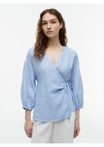 Wickelbluse Tommy Hilfiger "SUMMER LINEN WRAP TIE BLOUSE", Damen, Gr. 54, blau (blau khaki stripe), Web, Obermaterial: 100% Leinen, gestreift, normal, V-Ausschnitt, Blusen Wickelbluse, Leinen