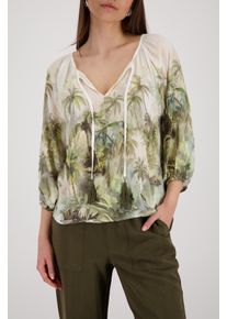 Schlupfbluse monari "Bluse Tropical Allover", Damen, Gr. 44, olive gem, Web, Obermaterial: 100% Viskose, gemustert, regular fit taillenbedeckt, Rundhals, Raglan&auml;rmel angesetztes B&uuml;ndchen, Blusen Schlupfbluse, Regular fit mit tropischem Print