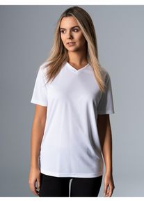 T-Shirt TRIGEMA "TRIGEMA V-Shirt COOLMAX", Damen, Gr. XL, wei&szlig;, Trikot, 100% Polyester (recycelt), lang, V-Ausschnitt, Shirts T-Shirt