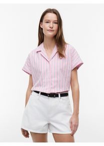 Kurzarmbluse Tommy Hilfiger "SUMMER COTTON SS SHIRT", Damen, Gr. S (36/38), liquorice stp pink, Web, Obermaterial: 98% Baumwolle, 2% Elasthan, gestreift, normal, V-Ausschnitt, Blusen Kurzarmbluse, Baumwollmischung