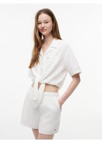 Kurzarmbluse Tommy Jeans "TJW TEXTURED TIE FRONT SS SHIRT", Damen, Gr. L (42/44), wei&szlig; (ecru), Web, Obermaterial: 100% Baumwolle, unifarben, taillenlang, V-Ausschnitt, Blusen Kurzarmbluse, Baumwolle, Brusttasche, Saum zum Knoten