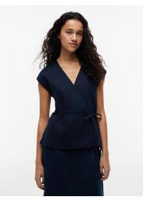 Wickelbluse Tommy Hilfiger "ESS LINEN WRAP TIE NS VEST", Damen, Gr. 46, schwarz night navy, Web, Obermaterial: 76% Leinen, 24% Lyocell. Futter: 100% Baumwolle, normal, V-Ausschnitt, Blusen Wickelbluse, Materialmix, Bindeband