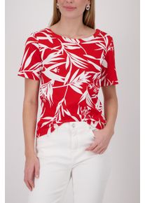 Rundhalsshirt monari "Shirt Bl&auml;tter allover", Damen, Gr. 44, rot (rot wei&szlig;), Web, Obermaterial: 100% Baumwolle, bedruckt, gemustert, mehrfarbig, regular fit taillenbedeckt, Rundhals, eingesetzt abgesteppte Kante, Shirts Rundhalsshirt, mit allover Tropicalprint
