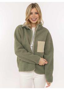 Bomberjacke Zwillingsherz "Classic", Damen, Gr. M, gr&uuml;n (salbei), Fleece, Obermaterial: 100% Polyester, Jacken Bomberjacke, kuscheliges Teddy-Fleece, Kontrastdetails, Brutstasche, Stehkragen